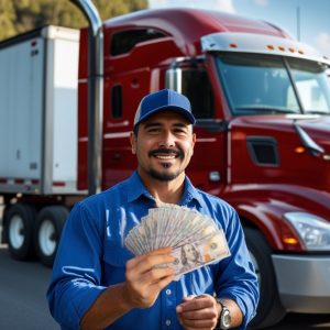 hispanic trucker holding money (1) hispanic trucker holding money (1)